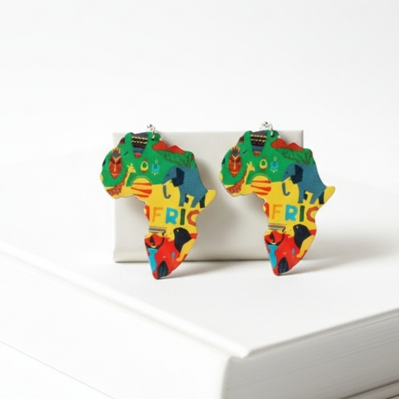 African Map Animal Wood Painted Tribal Earrings. Length 3.0 inches - Picture 4 of 11